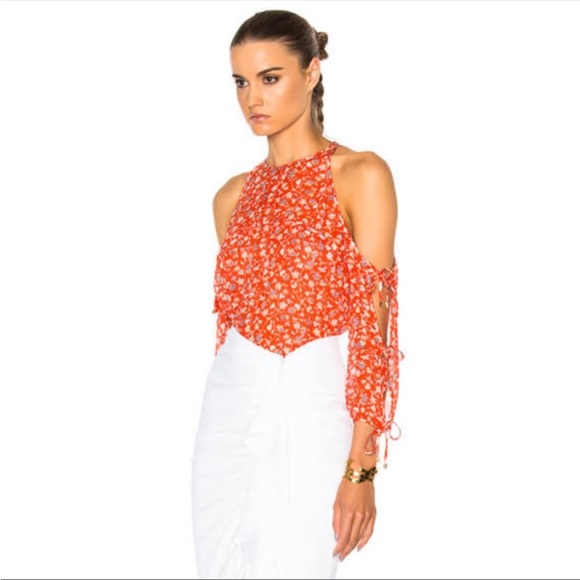 Veronica Beard 100% Silk Floral Cold Shoulder Blouse Red Tie Bow Sleeves - Picture 2 of 11